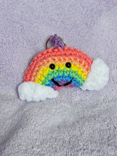 rainbow keychain with fluffy clouds